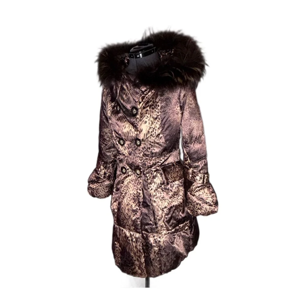 Tuleh Y2K Leopard Print Real Fur Trim Hooded Trench Coat M B35 W31 H38 DAMAGED